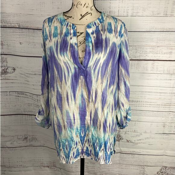 Chicos 1 Top Womens M Ikat Splendor Genevieve Top Notched Button Tab Sleeves - Picture 1 of 12